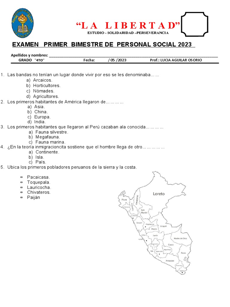 Examen de Personal Social 4to Grado 2023 | PDF