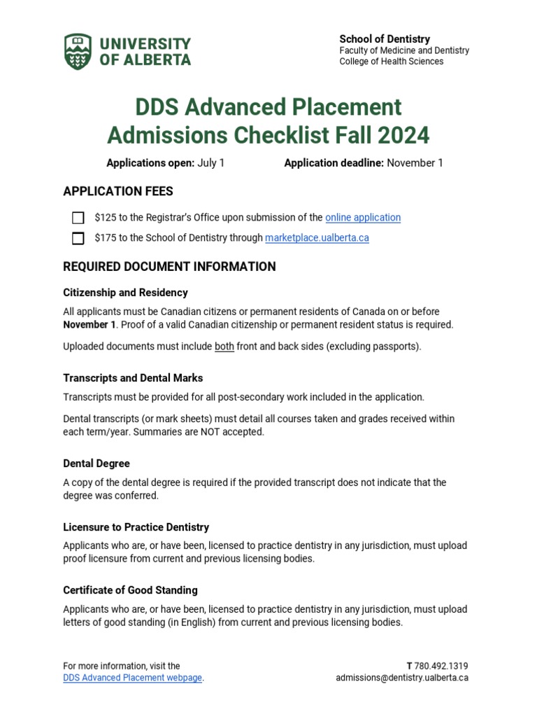 ddsadvancedplacementadmissionschecklist2024 PDF Dental Degree