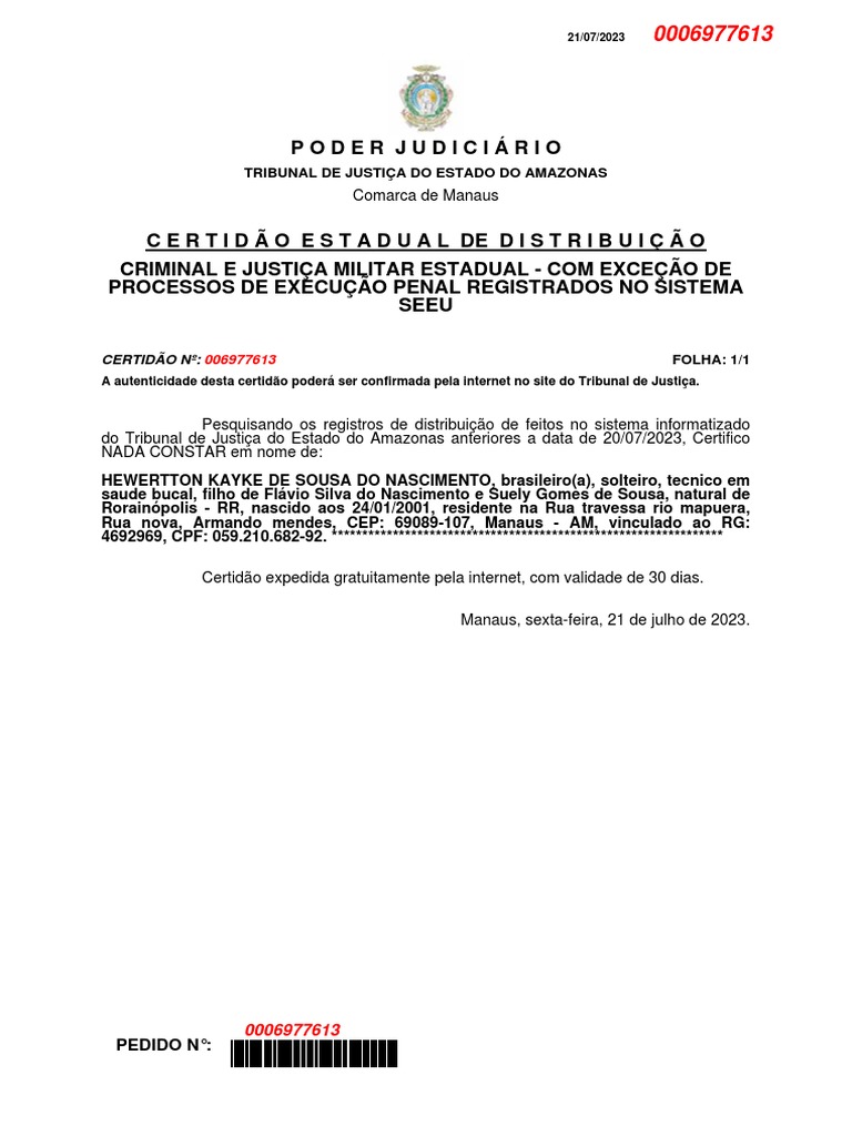 Certidão Criminal e Militar - Amazonas | PDF