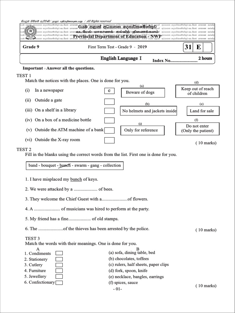 Grade 09 english 1st term test paper with answers 2019 north western