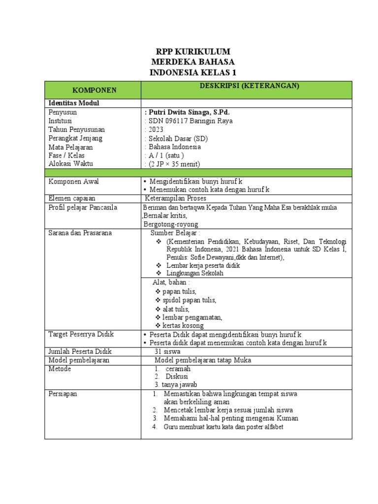 RPP Bahasa Indonesia Kelas 1 SD 2023 | PDF | Seni & Disiplin Bahasa