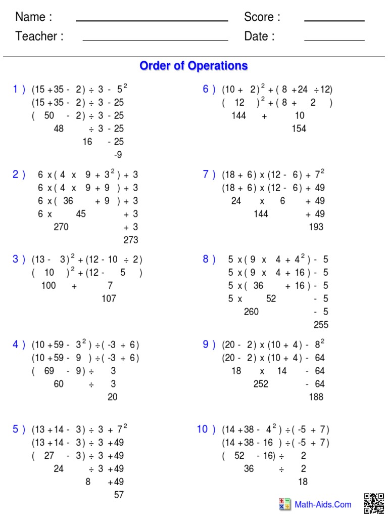 Order of Operations 1 Answers PDF