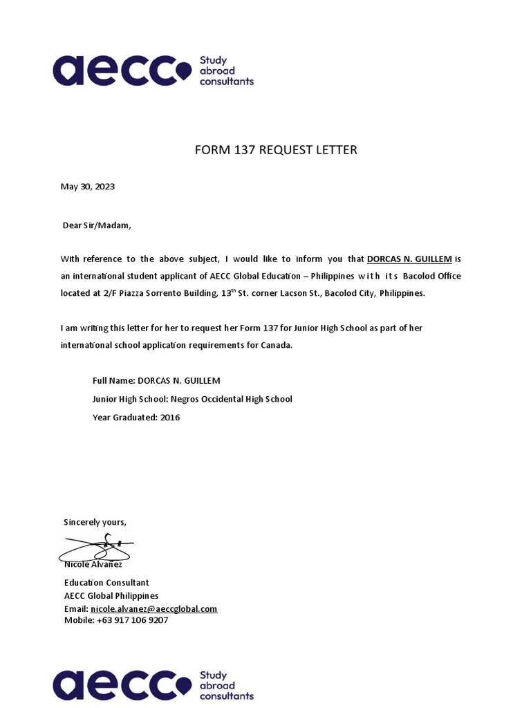 Form 137 - Request Letter | PDF