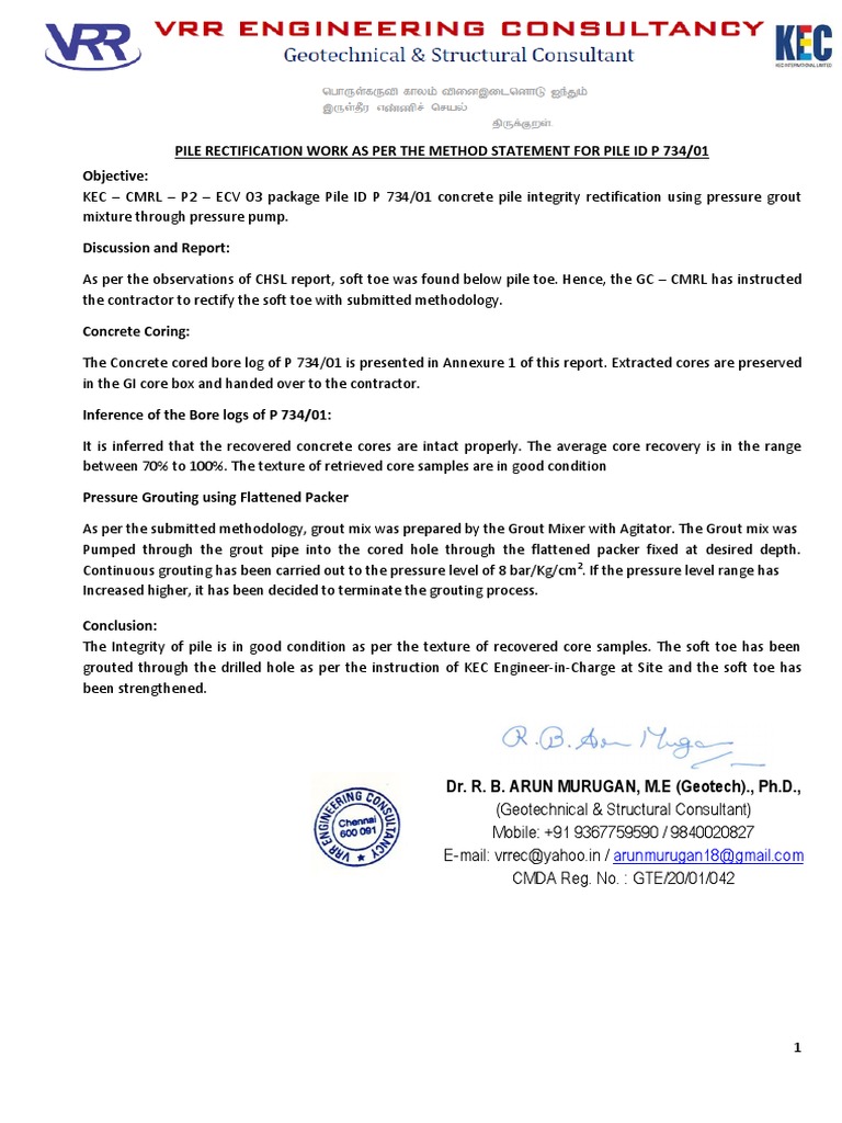 P 734-01 Final Coring and Grouting Report | PDF