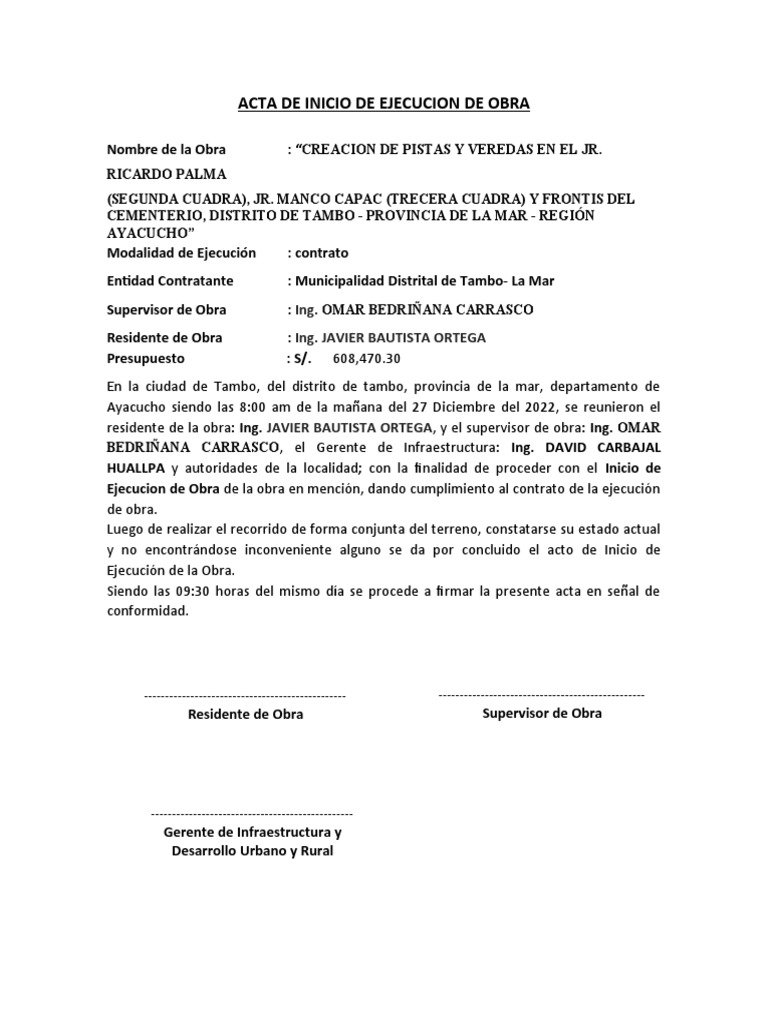 Acta de Inicio de Obra | PDF