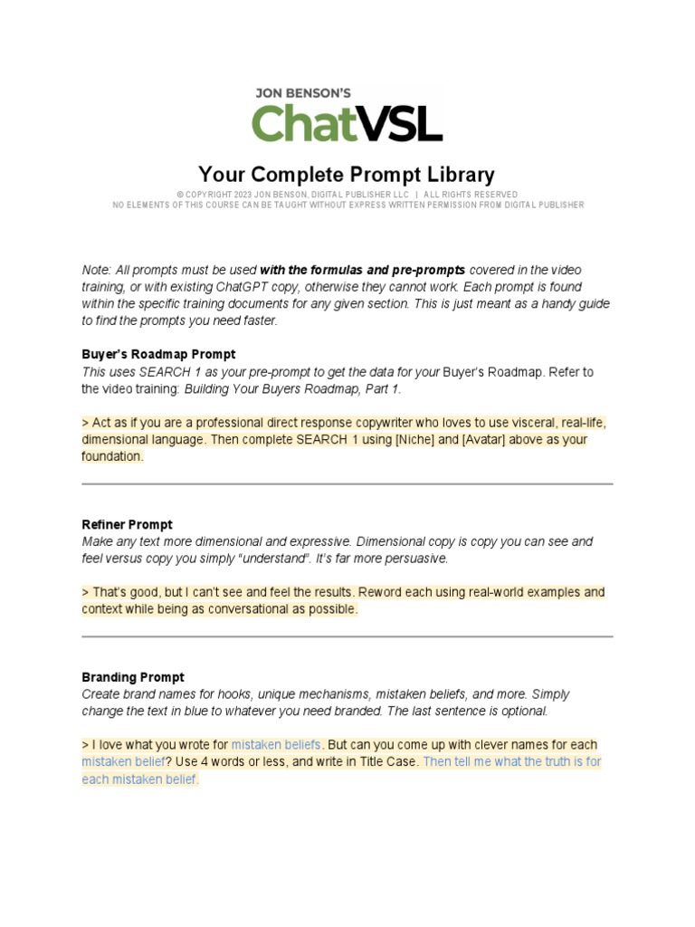 ChatVSL - Your Complete Prompt Library | PDF