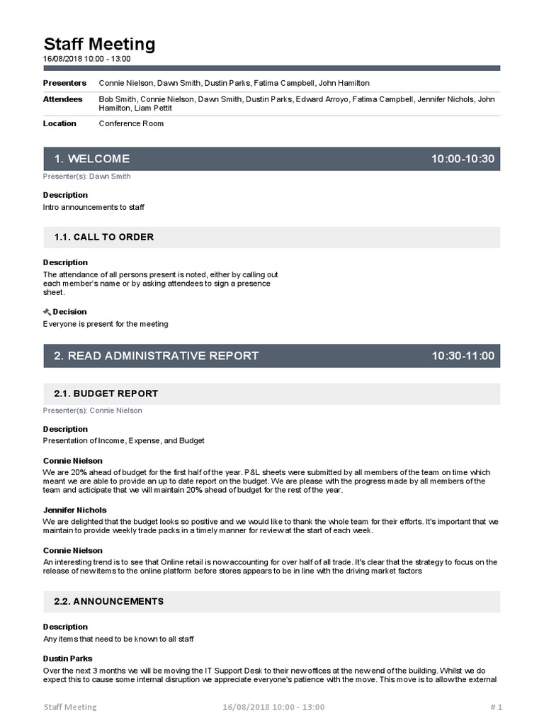 Staff Meeting Minutes | PDF