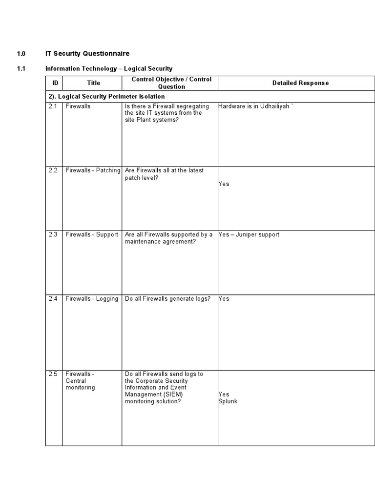 IT ICS Security Architecture Assessment Questionnaire PDF