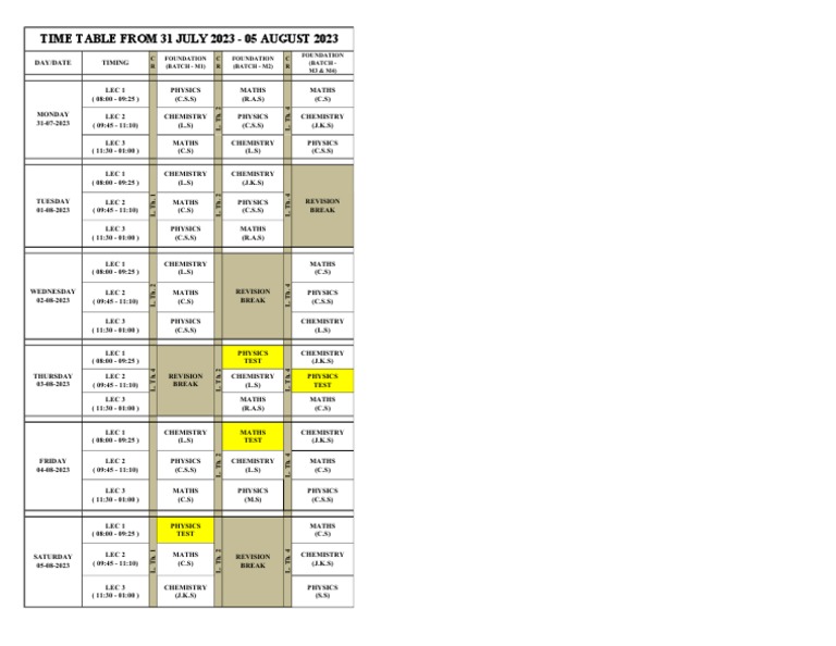Weekly Class Schedule: July 31 - Aug 5 | PDF