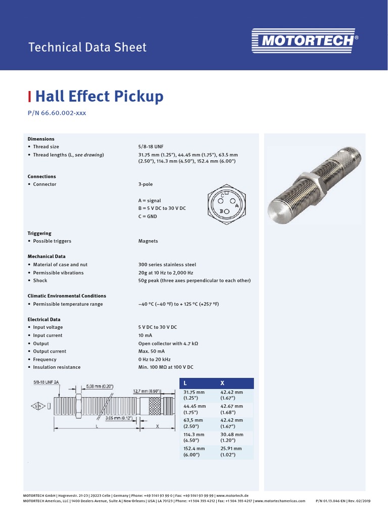 MOTORTECH Technical Data Sheet Hall Effect Pickup 66.60.002 L 01.13.046