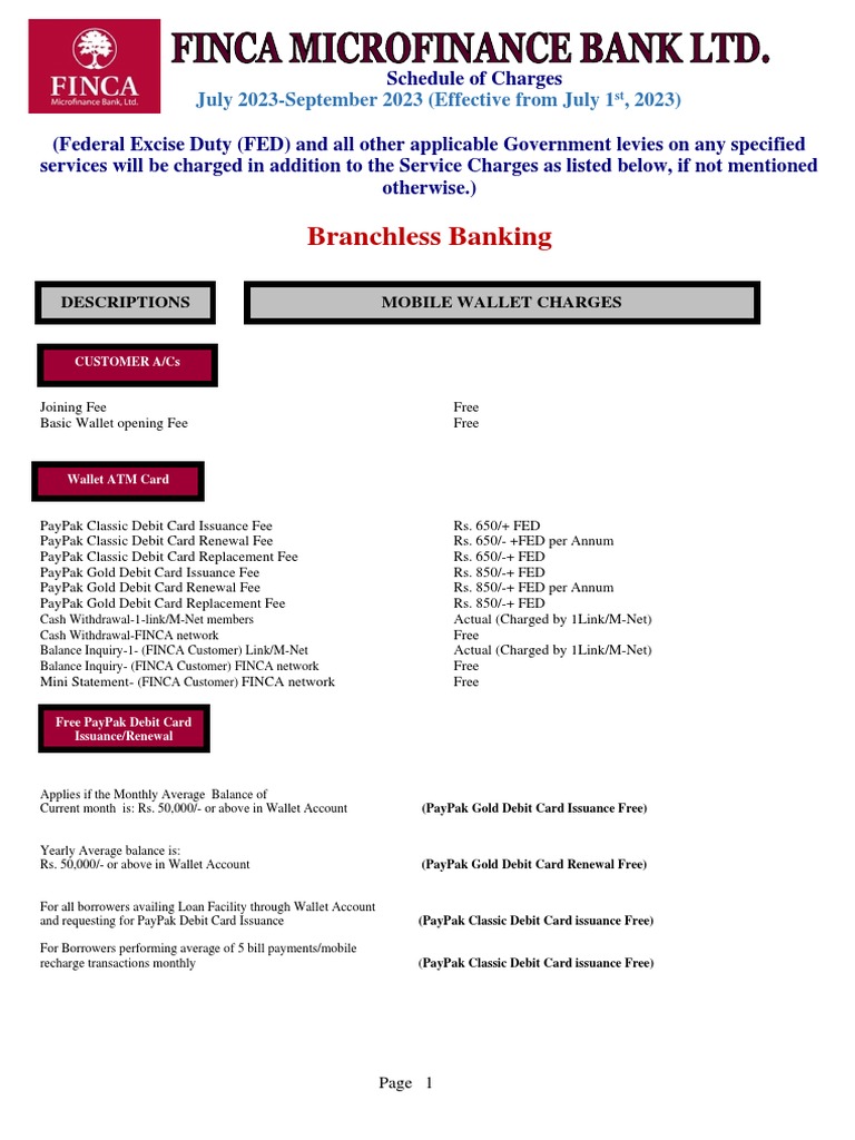 Schedule of Charges Branchless Banking July 2023 To September 2023