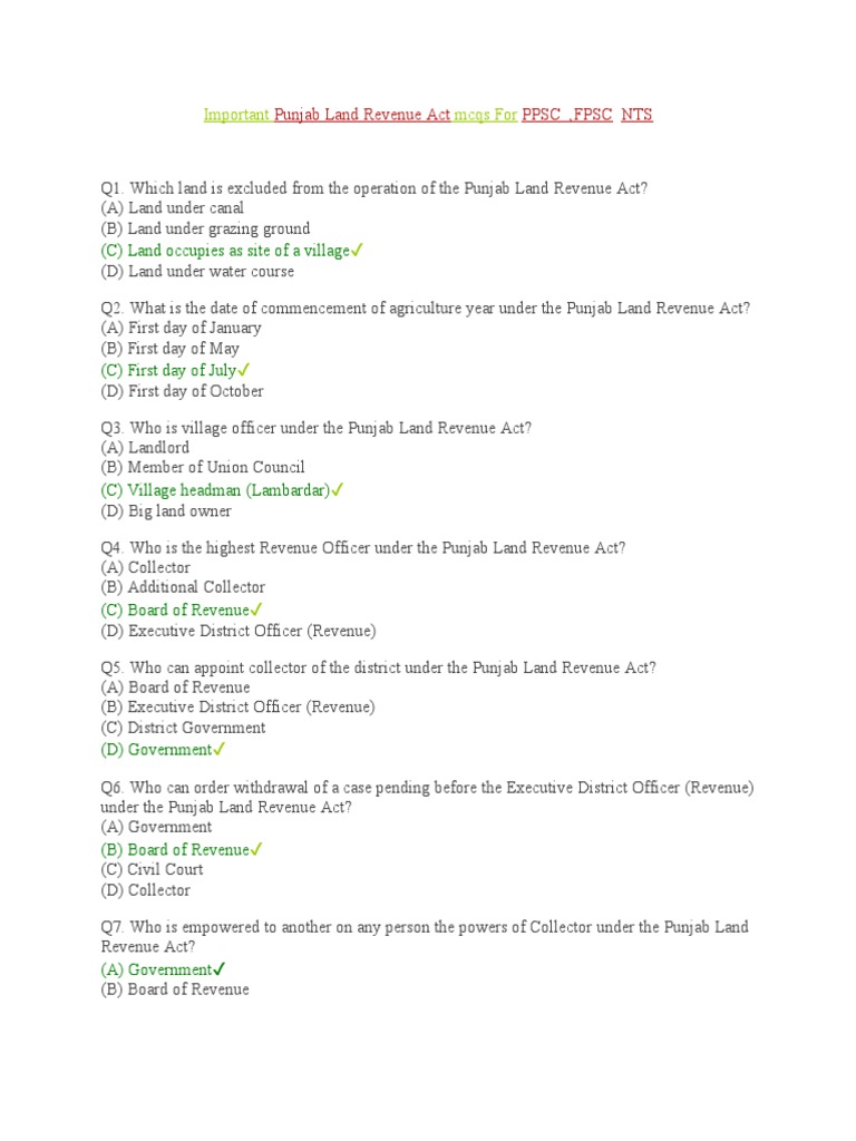 Land Records Manual MCqs PDF