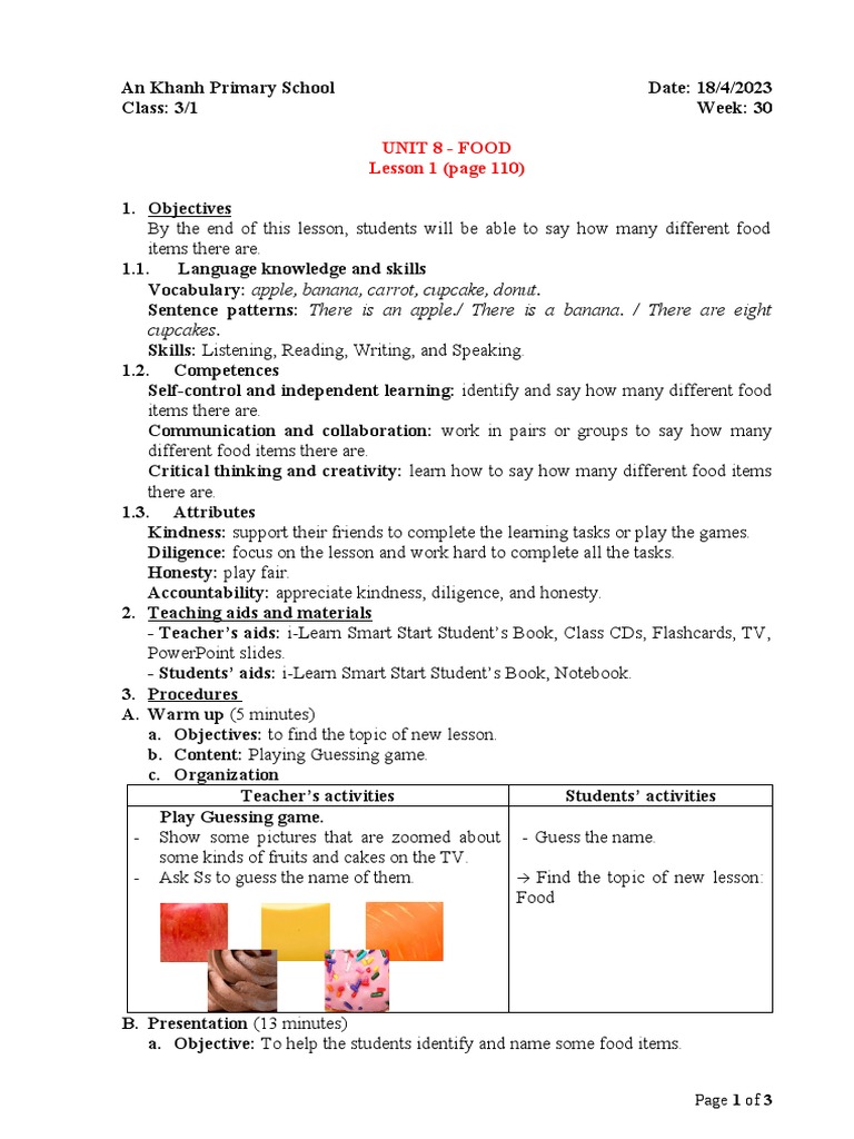 Primary Food Lesson Plan | PDF | Flashcard | Grammatical Number