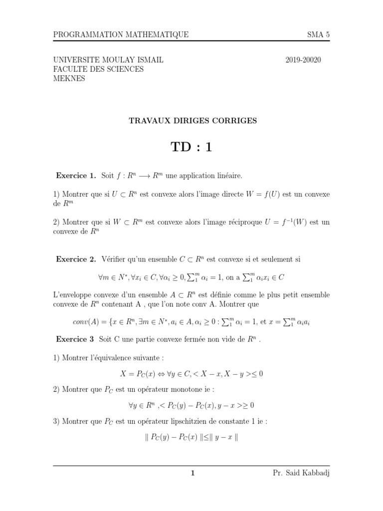 Travaux Dirigés en Programmation Mathématique | PDF | Méthodes et ...