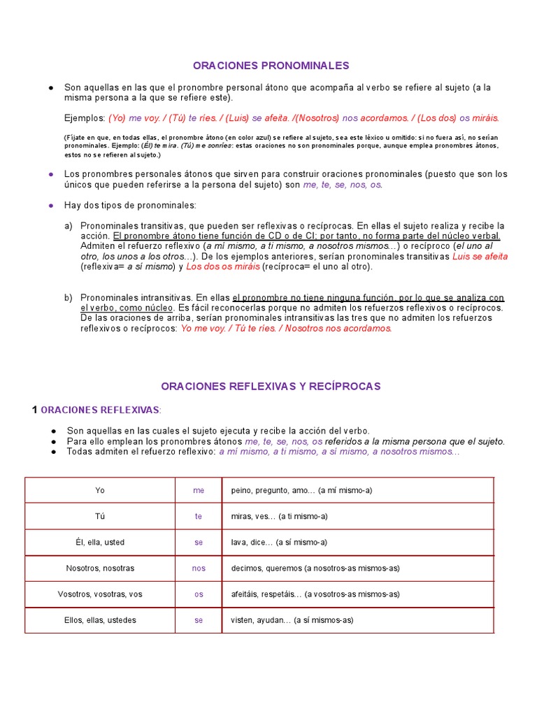 Guía de Oraciones Pronominales | PDF | Pronombre | Verbo