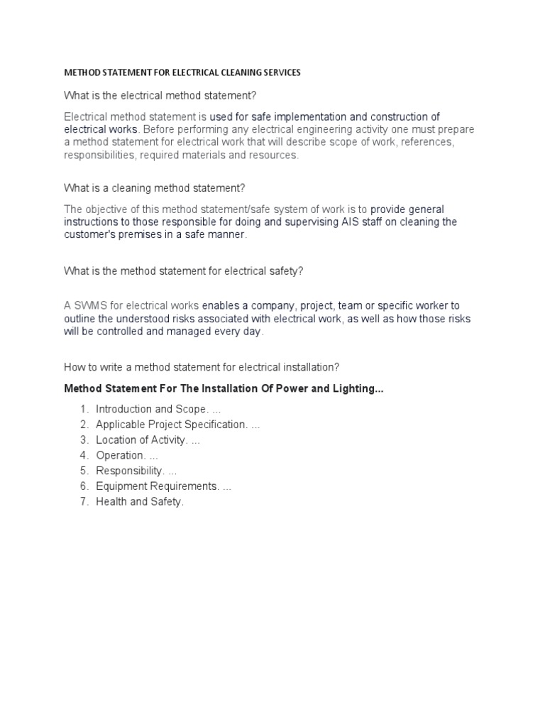 Method Statement For Electrical Cleaning Services PDF