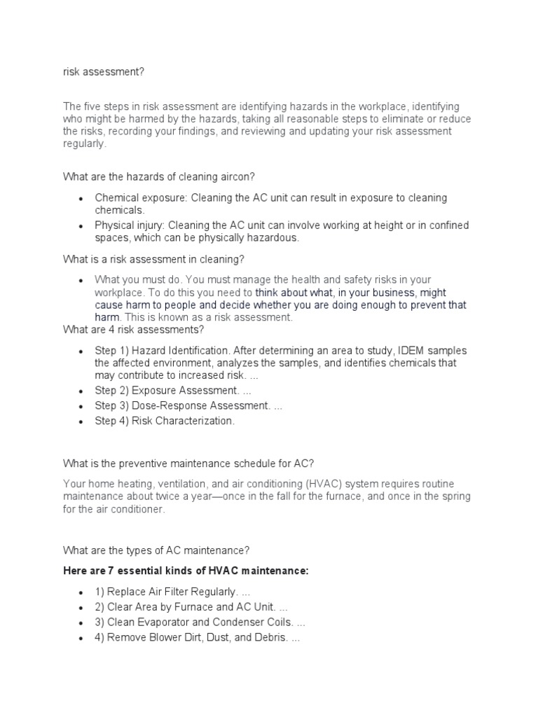 RISK ASSESSMENT FOR Ac Cleaning Services PDF Air Conditioning Risk