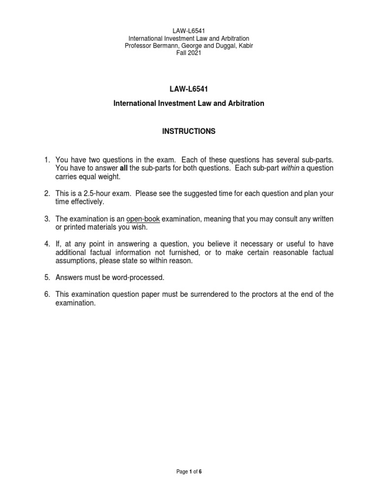 Exam Guide: International Investment Law | PDF | Arbitration | Justice