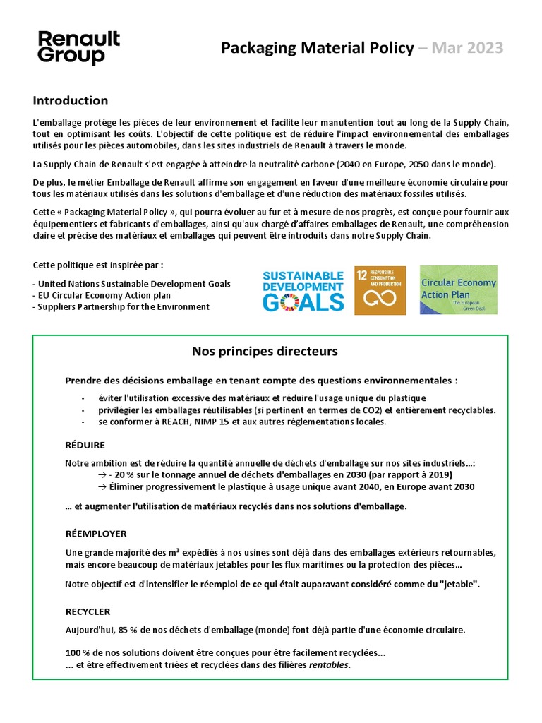 Renault Packaging Material Policy FR | PDF | Recyclage | Plastique