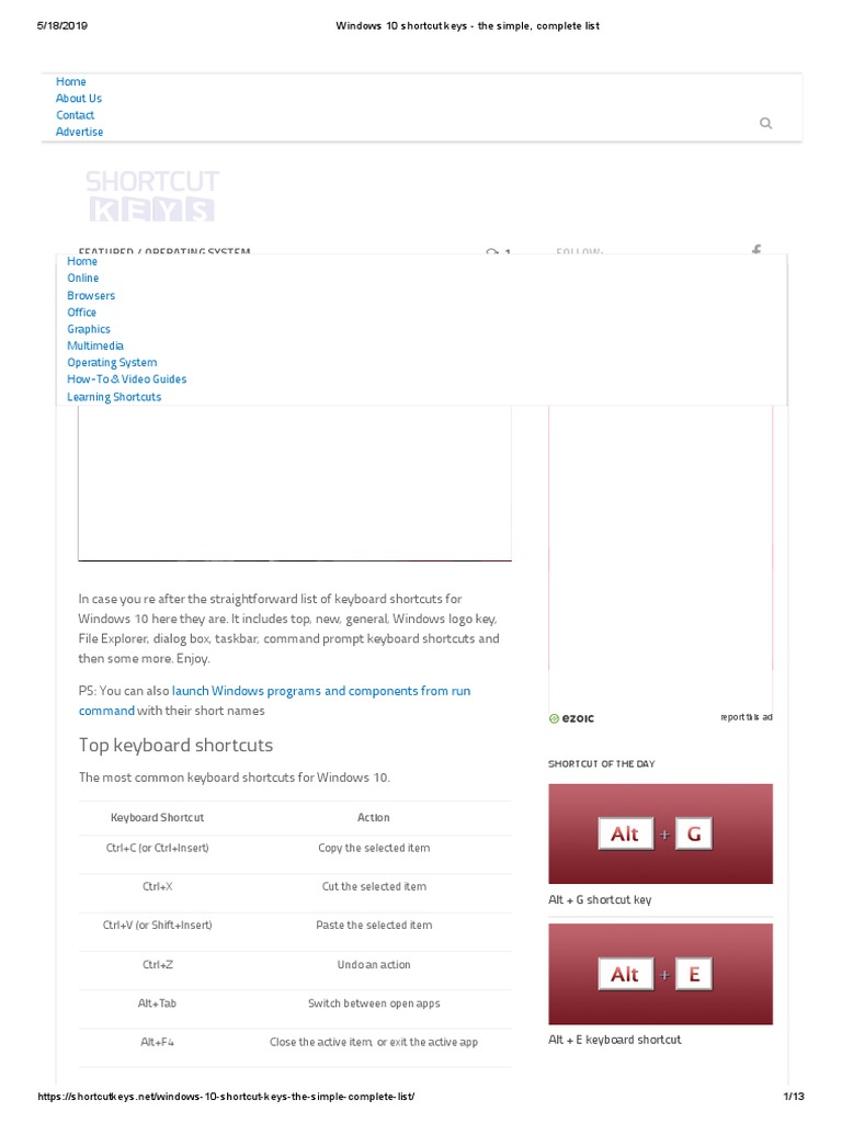 Windows 10 Shortcuts Guide | PDF | Computer Keyboard | Microsoft Windows