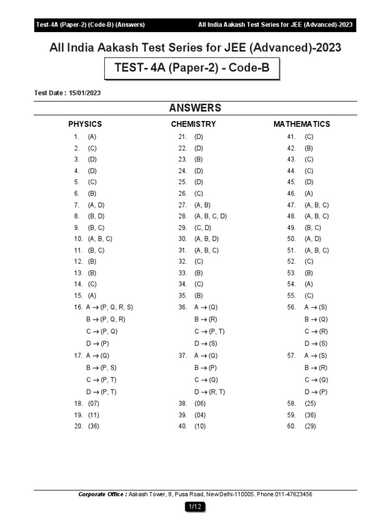 AIATS JEE (A) 2022 Test4A P2 (CodeB) Sol FINAL PDF Acid Equations