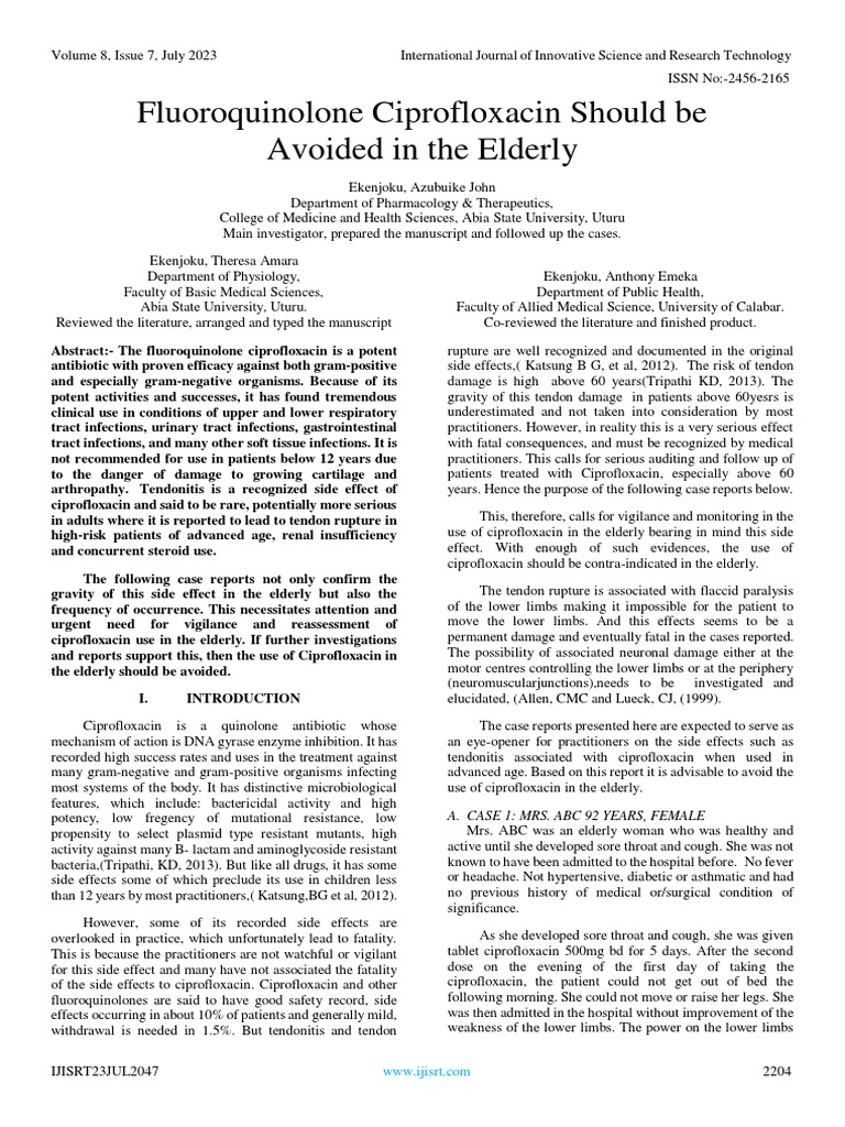 Fluoroquinolone Ciprofloxacin Should Be Avoided in The Elderly | PDF