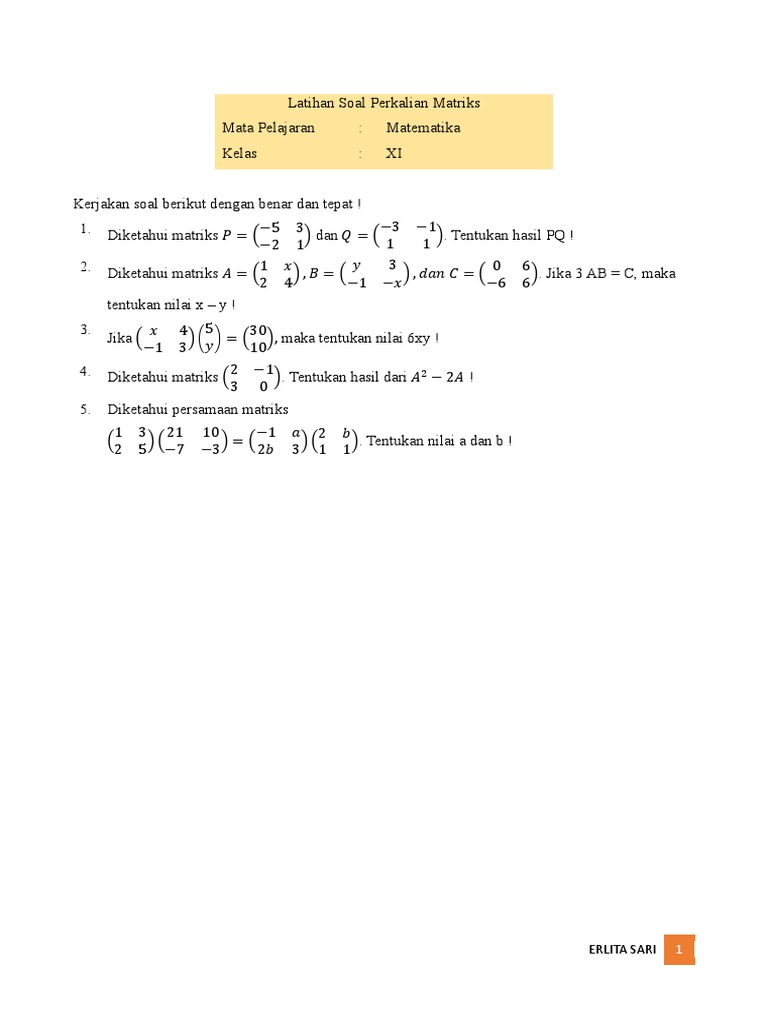 Latihan Soal Perkalian Matriks Kelas XI | PDF | Teaching Methods ...