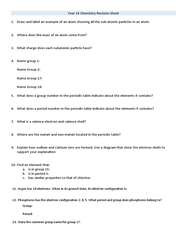 Year 10 Chemistry Revision Sheet Questions Download Free PDF Ion Atoms