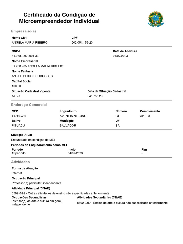 Certificado de Microempreendedor Individual | PDF | Finanças e ...
