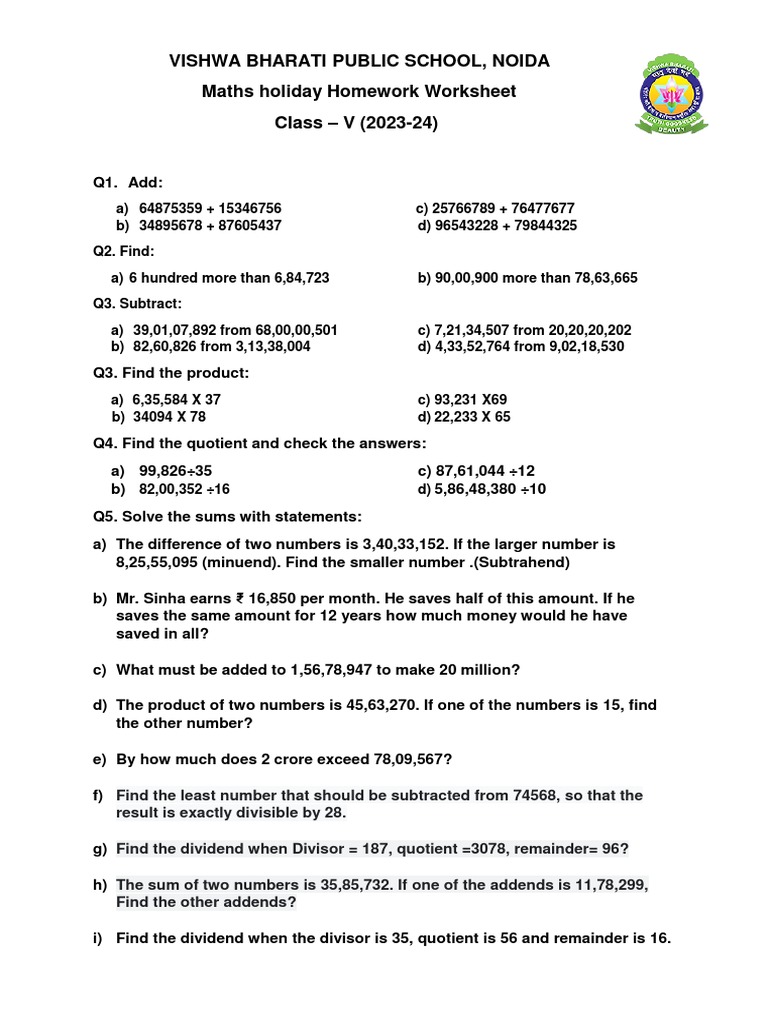Maths Holiday Homework | PDF | Teaching Methods & Materials