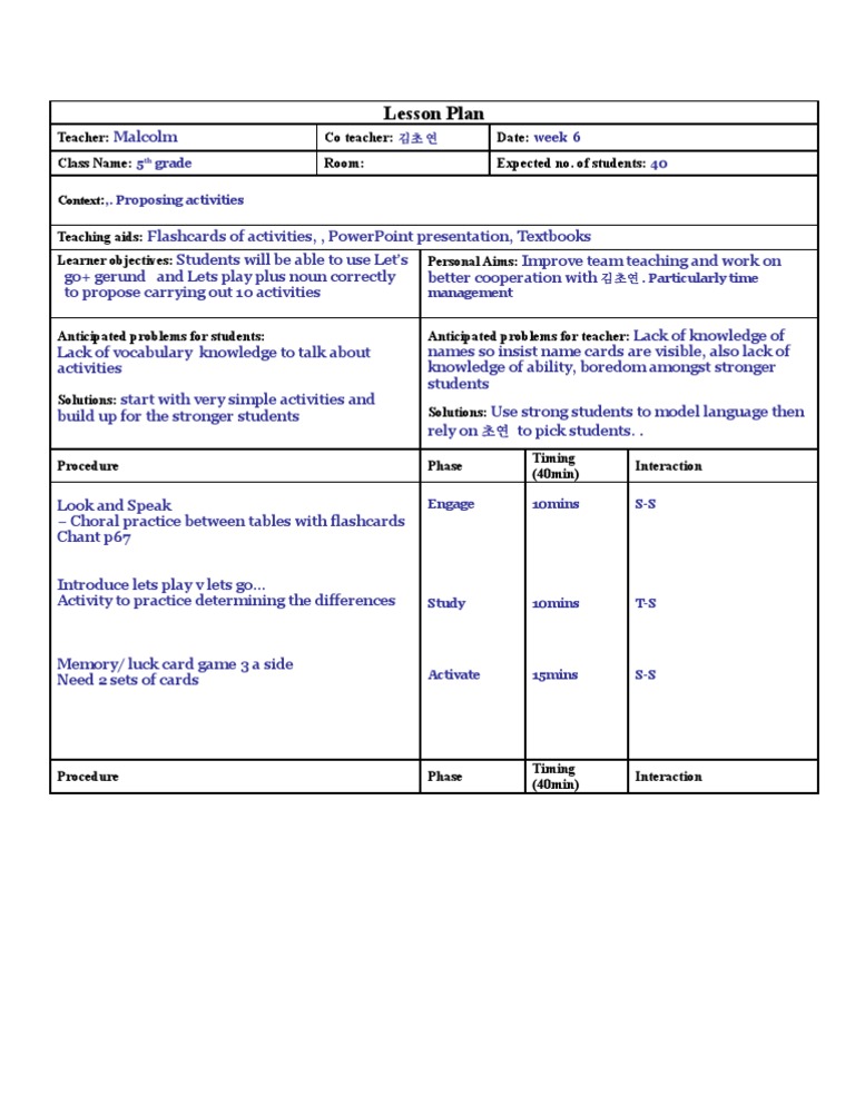 5th Grade Lesson Plan: Activity Proposals | PDF