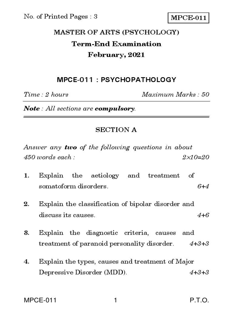 Psychopathology Exam Guide MPCE-011 | PDF