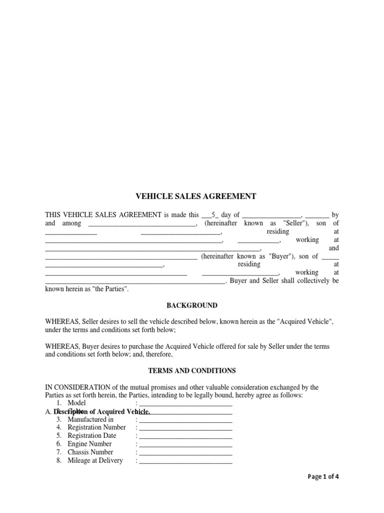 Vehicle Sales Agreement Template PDF Conveyancing Sales
