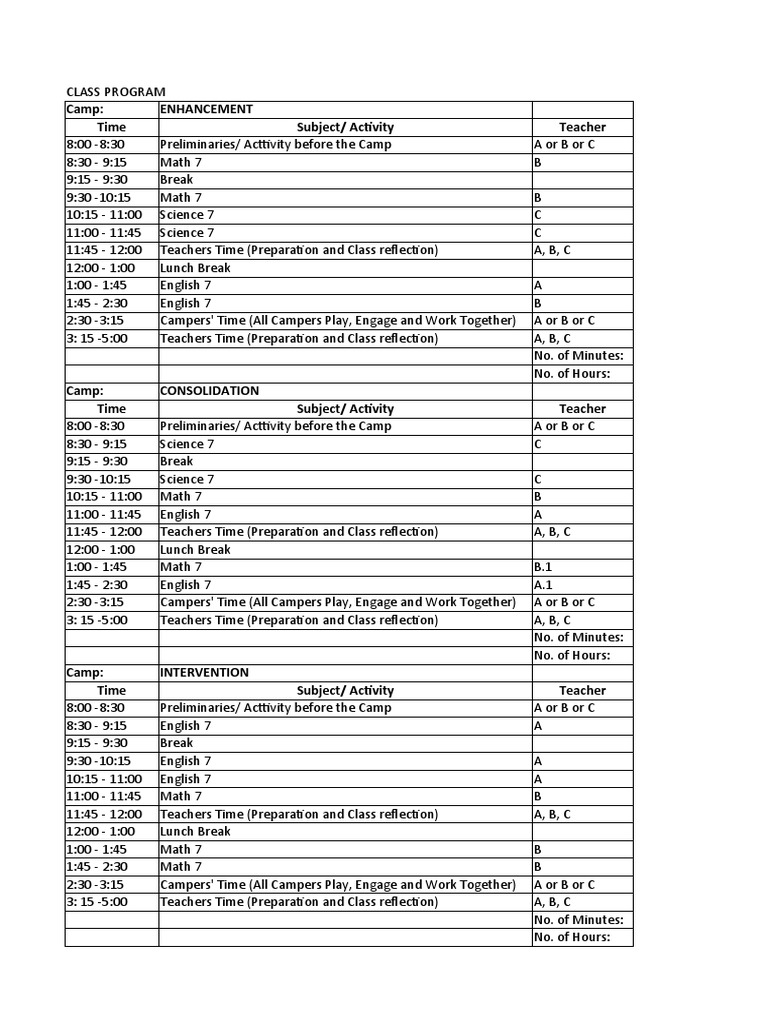 NLC Sample Class Program and Schedule | PDF