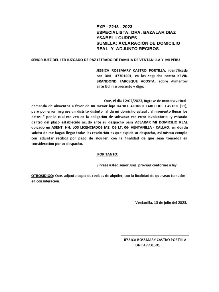 Escrito Aclaracion de Domicilio | PDF