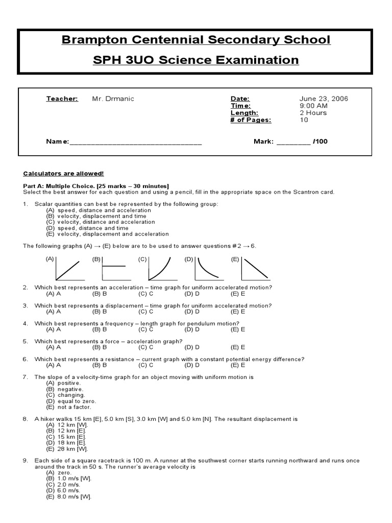 Sph3u Exam Review Pdf Velocity Force