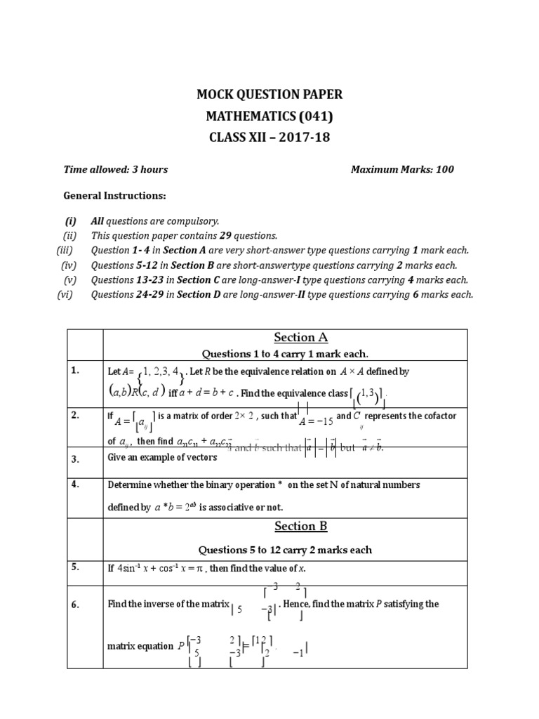 CBSE Class 12 Maths Paper 1 | PDF | Matrix (Mathematics) | Equations