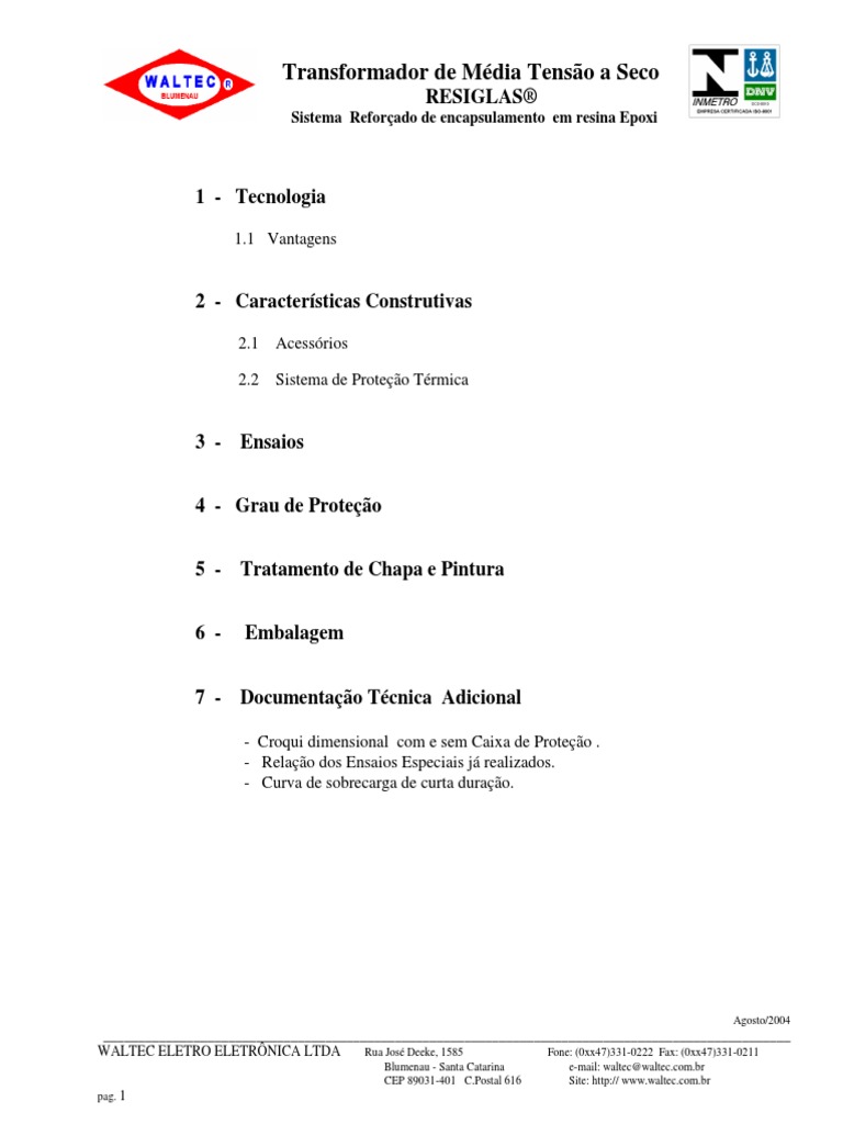 Waltec Especificação Técnica Transformador Resiglas Waltec | PDF ...