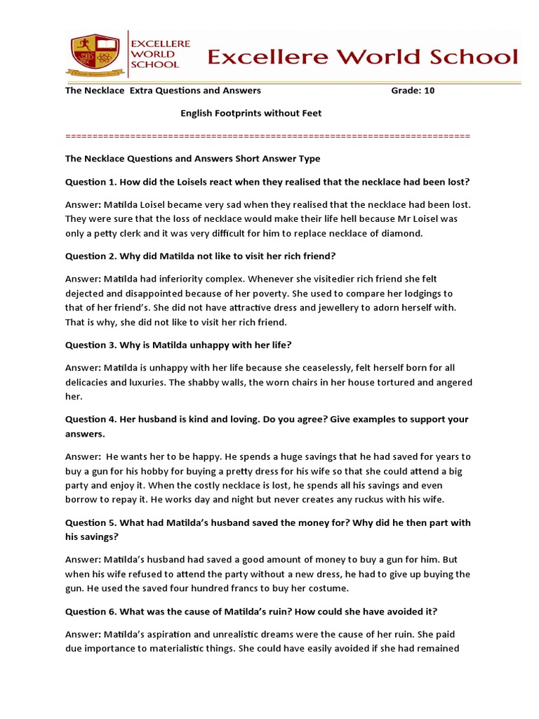 The Necklace Extra Questions and Answers Grade PDF