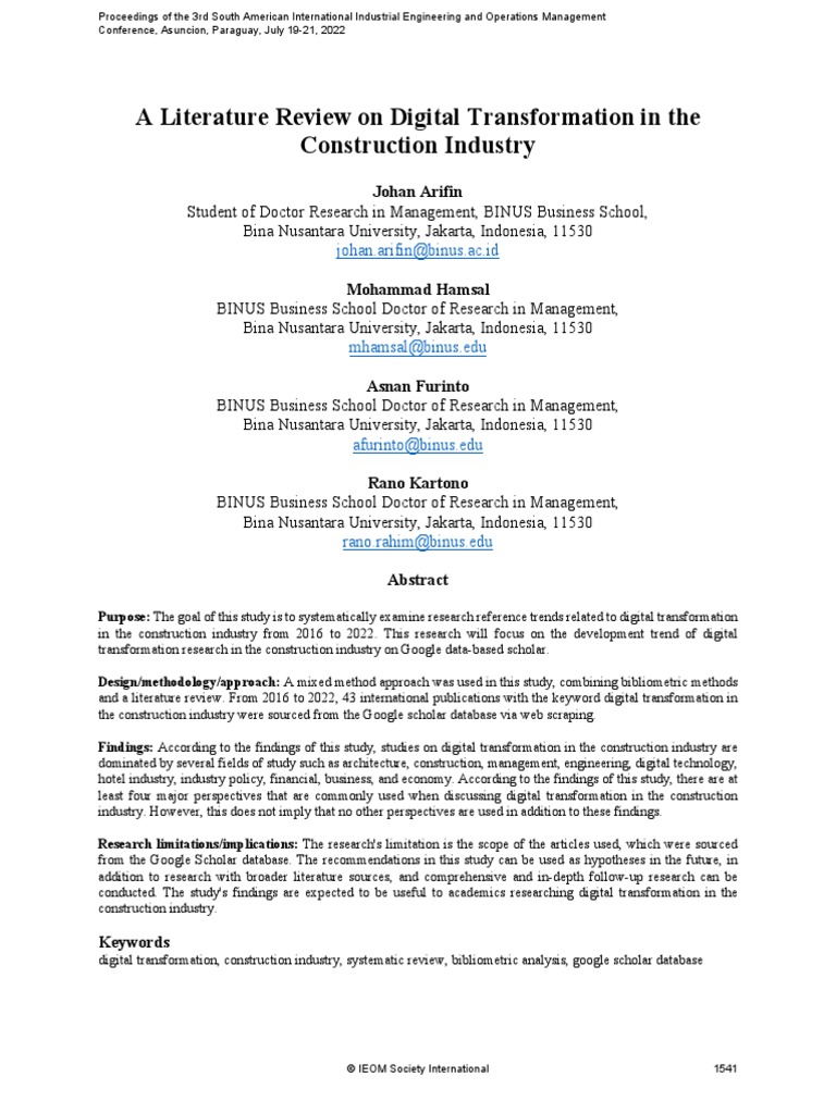 A Literature Review On Digital Transformation in The Construction ...