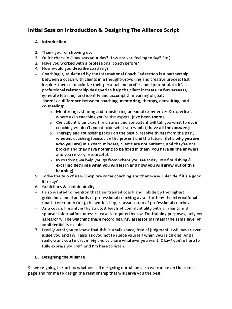 Initial Session Introduction & Designing The Alliance Script - Coaching ...