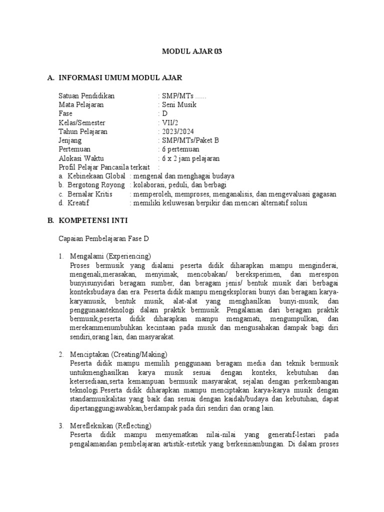 08 Modul Ajar (RPP) Seni Musik Kelas Vii CP 3 | PDF