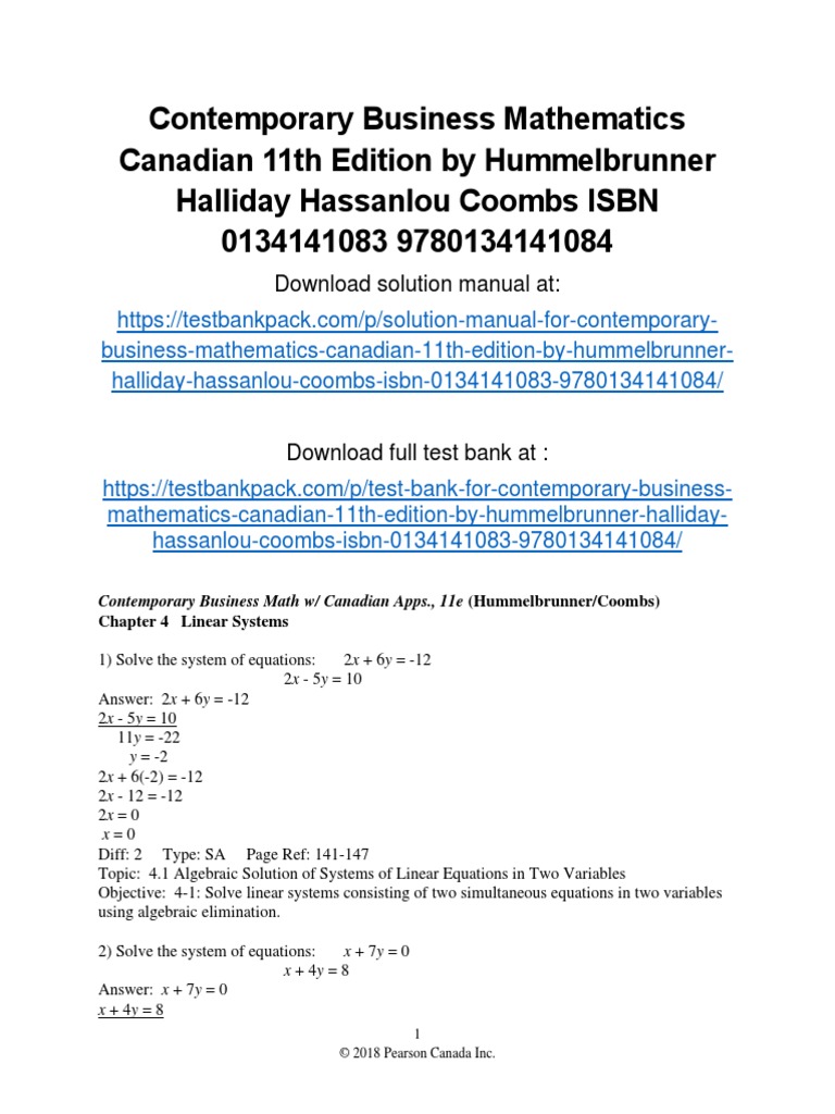 Contemporary Business Mathematics Canadian 11th Edition Hummelbrunner ...