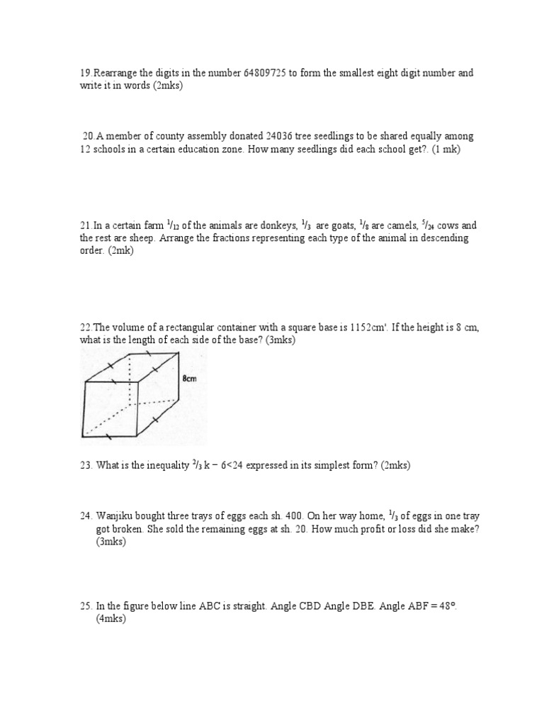 Grade 7 Mathematics Exam Questions | PDF | Mathematics