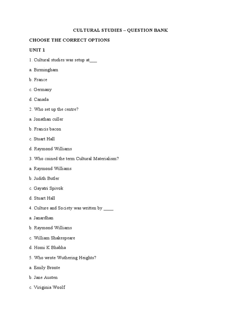 CULTURAL STUDIES Question Bank | PDF