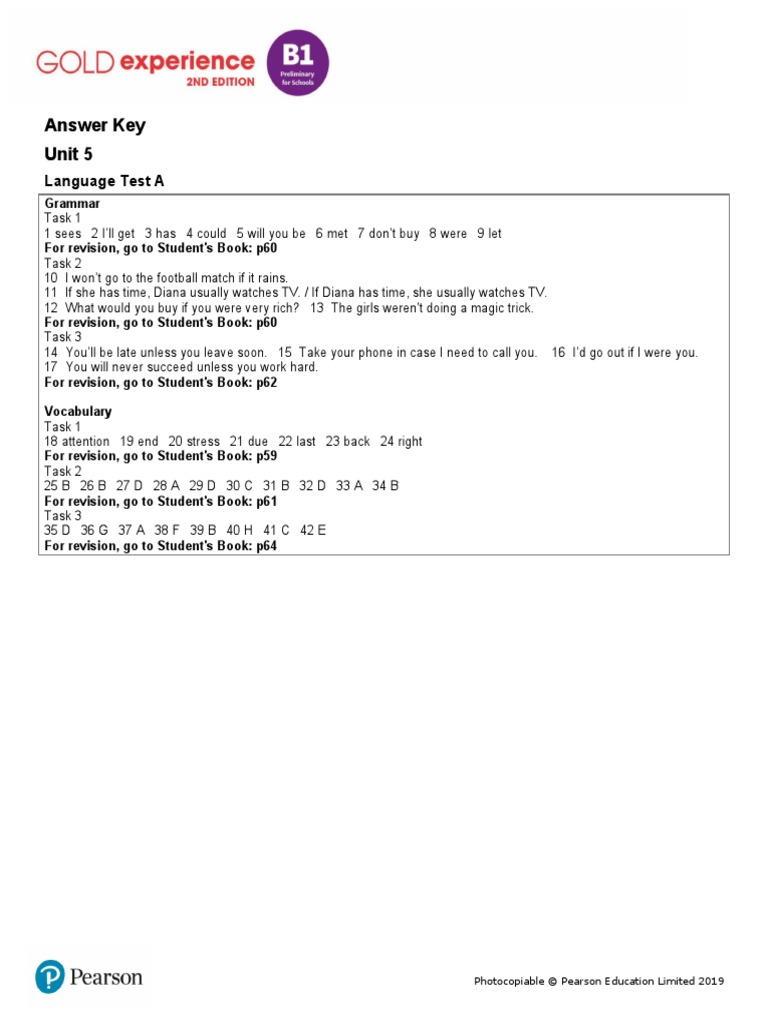 Gold Experience B1 Unit 5 Answer Key | PDF
