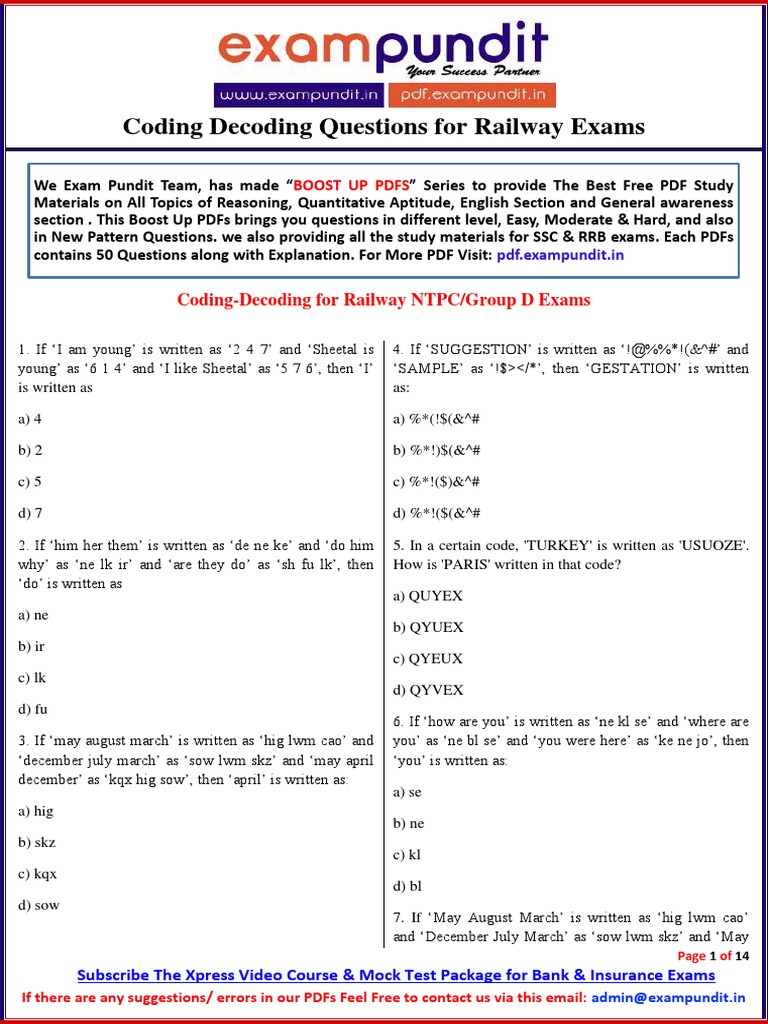 Coding and Decoding Questions PDF For Railway NTPC Group D Exams | PDF