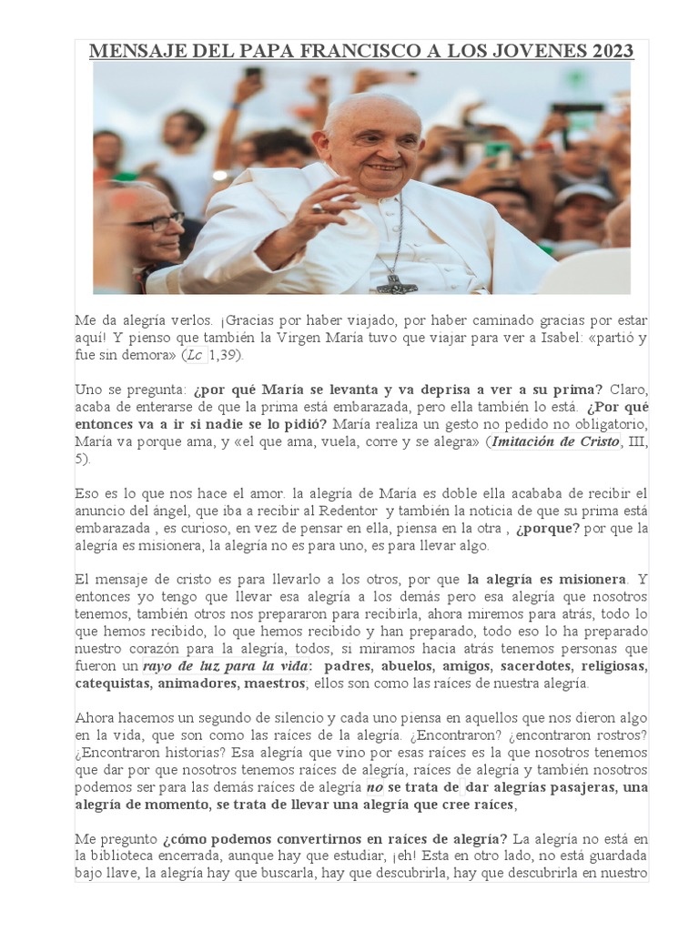 Mensaje Del Papa Francisco A Los Jovenes 2023 | PDF