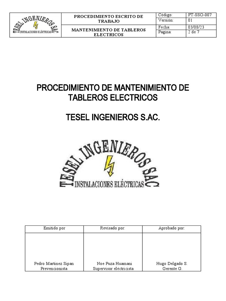 Procedimiento De Mantenimiento De Tableros Electricos Pdf