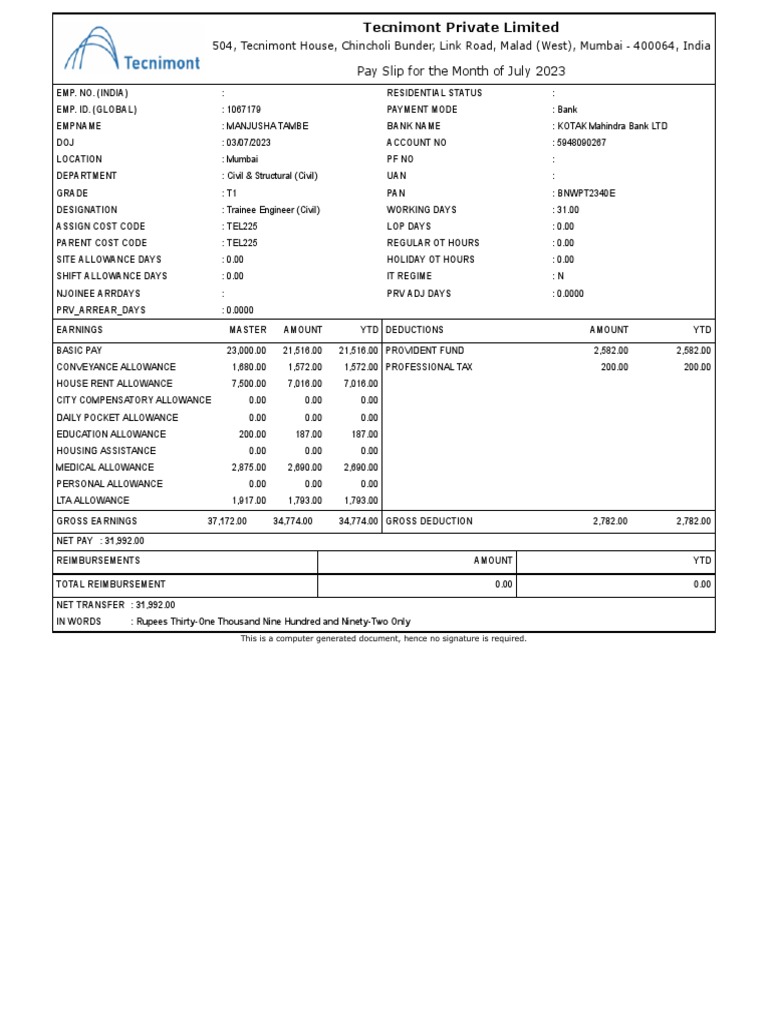 July 2023 Pay Slip for Manjusha Tambe | PDF | Finance & Money Management